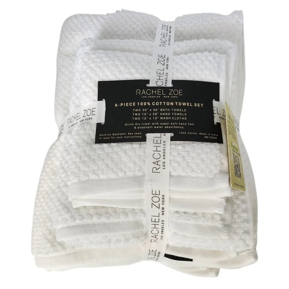 Rachel Zoe 6pc White Cotton‎ Towel Set 2 Bath 2 Hand 2 Washcloths